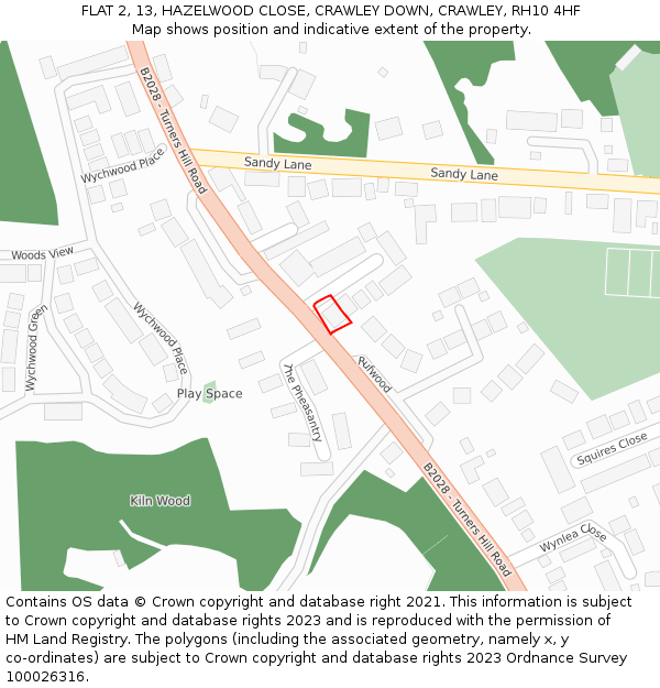 FLAT 2, 13, HAZELWOOD CLOSE, CRAWLEY DOWN, CRAWLEY, RH10 4HF: Location map and indicative extent of plot