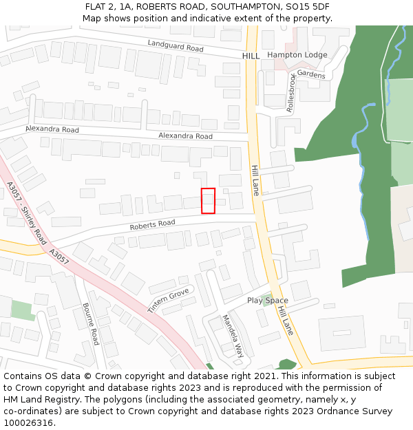 FLAT 2, 1A, ROBERTS ROAD, SOUTHAMPTON, SO15 5DF: Location map and indicative extent of plot