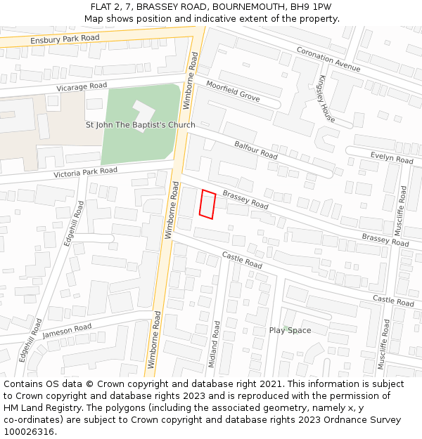 FLAT 2, 7, BRASSEY ROAD, BOURNEMOUTH, BH9 1PW: Location map and indicative extent of plot