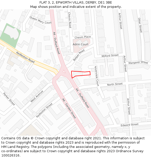FLAT 3, 2, EPWORTH VILLAS, DERBY, DE1 3BE: Location map and indicative extent of plot