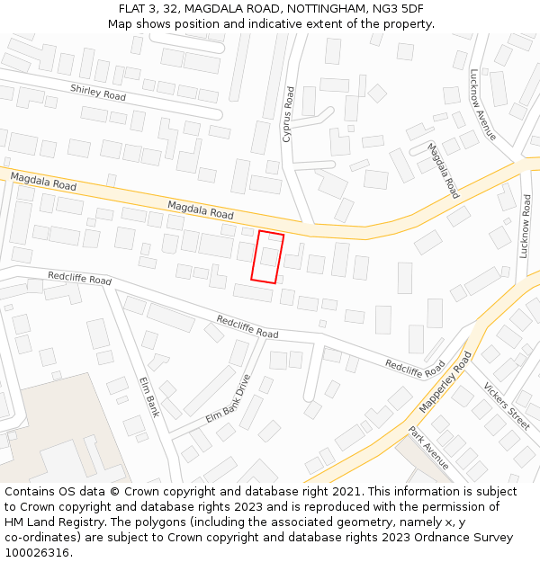 FLAT 3, 32, MAGDALA ROAD, NOTTINGHAM, NG3 5DF: Location map and indicative extent of plot