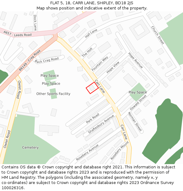 FLAT 5, 18, CARR LANE, SHIPLEY, BD18 2JS: Location map and indicative extent of plot