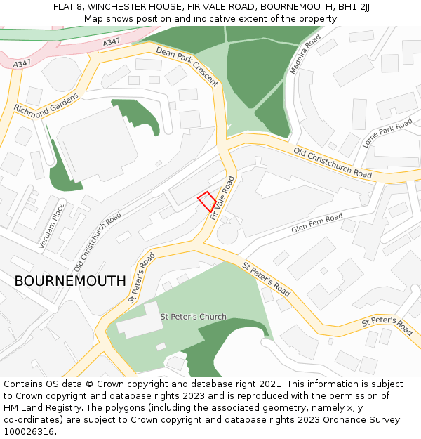 FLAT 8, WINCHESTER HOUSE, FIR VALE ROAD, BOURNEMOUTH, BH1 2JJ: Location map and indicative extent of plot