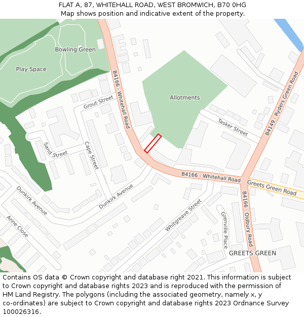 FLAT A, 87, WHITEHALL ROAD, WEST BROMWICH, B70 0HG: Location map and indicative extent of plot