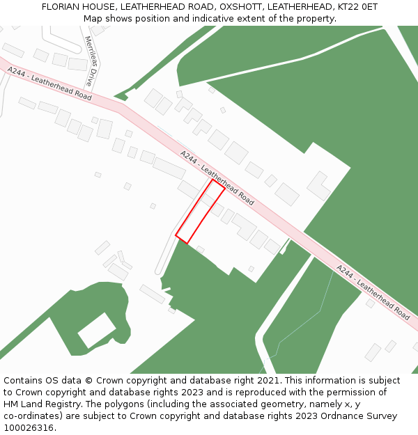 FLORIAN HOUSE, LEATHERHEAD ROAD, OXSHOTT, LEATHERHEAD, KT22 0ET: Location map and indicative extent of plot