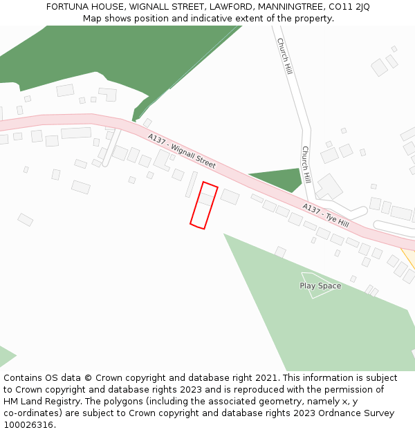 FORTUNA HOUSE, WIGNALL STREET, LAWFORD, MANNINGTREE, CO11 2JQ: Location map and indicative extent of plot