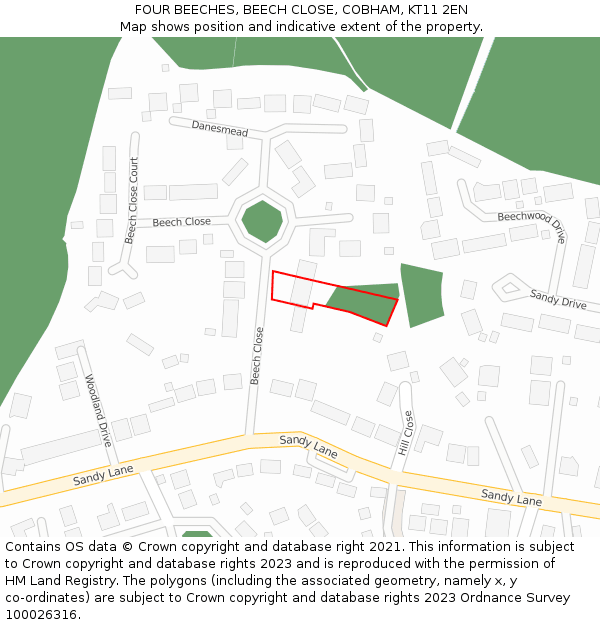 FOUR BEECHES, BEECH CLOSE, COBHAM, KT11 2EN: Location map and indicative extent of plot