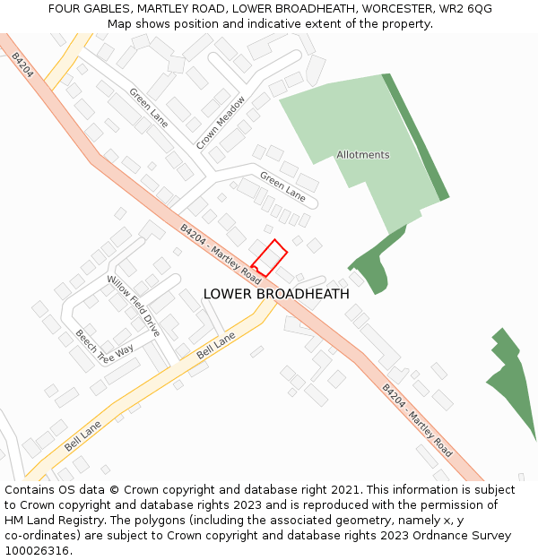 FOUR GABLES, MARTLEY ROAD, LOWER BROADHEATH, WORCESTER, WR2 6QG: Location map and indicative extent of plot