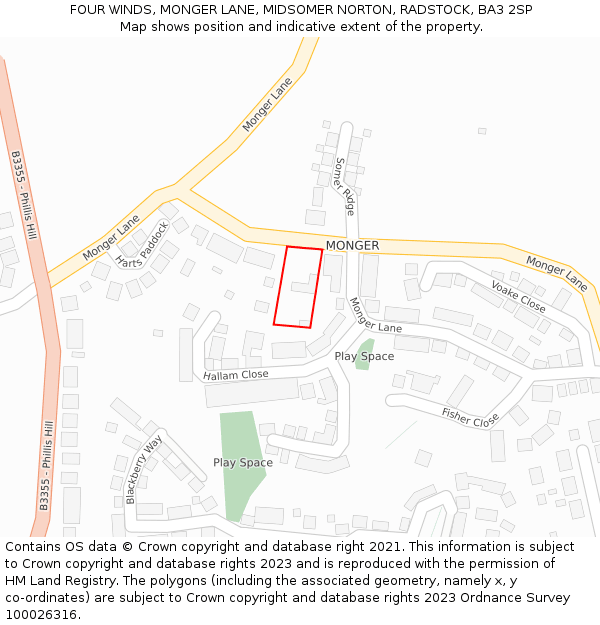 FOUR WINDS, MONGER LANE, MIDSOMER NORTON, RADSTOCK, BA3 2SP: Location map and indicative extent of plot