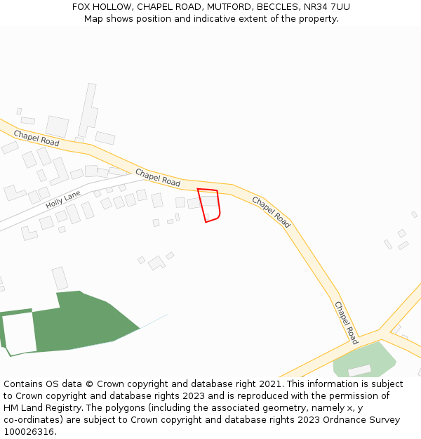 FOX HOLLOW, CHAPEL ROAD, MUTFORD, BECCLES, NR34 7UU: Location map and indicative extent of plot