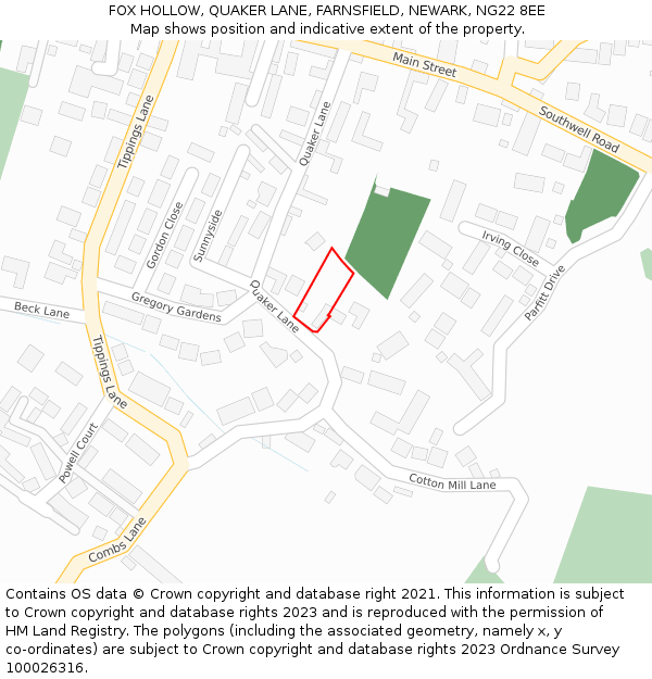 FOX HOLLOW, QUAKER LANE, FARNSFIELD, NEWARK, NG22 8EE: Location map and indicative extent of plot