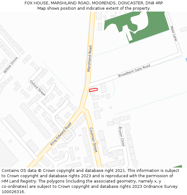 FOX HOUSE, MARSHLAND ROAD, MOORENDS, DONCASTER, DN8 4RP: Location map and indicative extent of plot