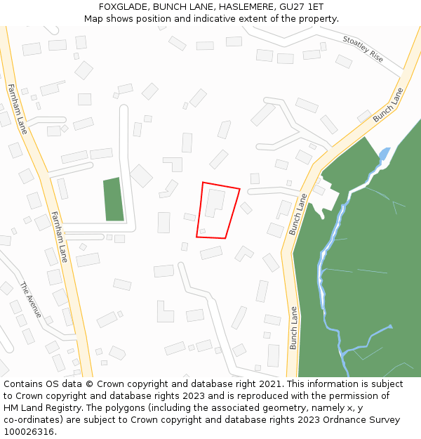 FOXGLADE, BUNCH LANE, HASLEMERE, GU27 1ET: Location map and indicative extent of plot
