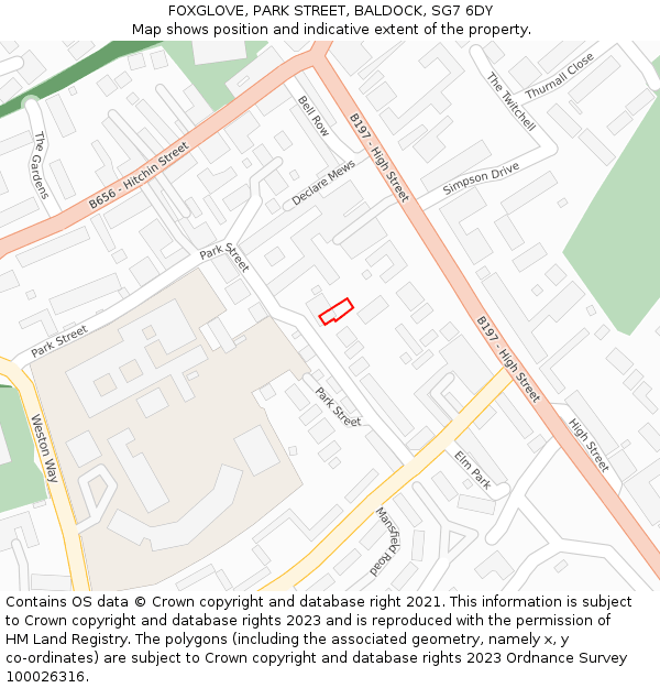FOXGLOVE, PARK STREET, BALDOCK, SG7 6DY: Location map and indicative extent of plot