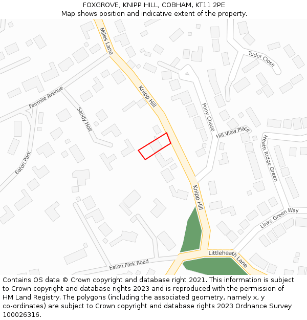 FOXGROVE, KNIPP HILL, COBHAM, KT11 2PE: Location map and indicative extent of plot