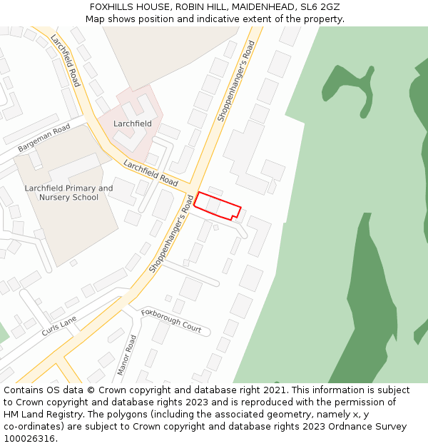 FOXHILLS HOUSE, ROBIN HILL, MAIDENHEAD, SL6 2GZ: Location map and indicative extent of plot