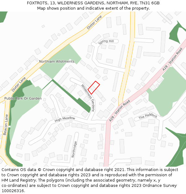 FOXTROTS, 13, WILDERNESS GARDENS, NORTHIAM, RYE, TN31 6GB: Location map and indicative extent of plot