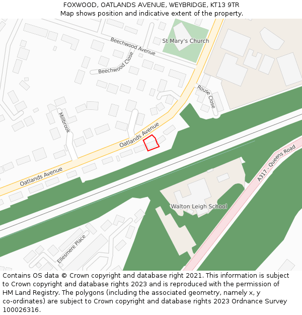 FOXWOOD, OATLANDS AVENUE, WEYBRIDGE, KT13 9TR: Location map and indicative extent of plot