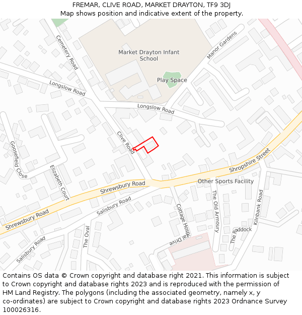 FREMAR, CLIVE ROAD, MARKET DRAYTON, TF9 3DJ: Location map and indicative extent of plot