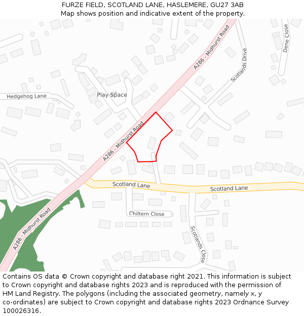 FURZE FIELD, SCOTLAND LANE, HASLEMERE, GU27 3AB: Location map and indicative extent of plot