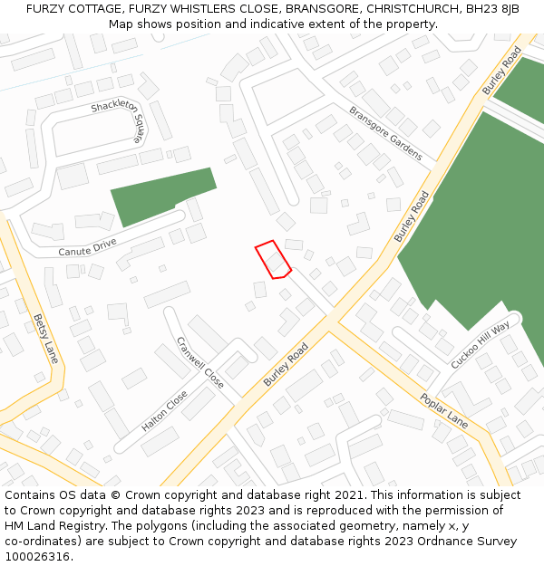 FURZY COTTAGE, FURZY WHISTLERS CLOSE, BRANSGORE, CHRISTCHURCH, BH23 8JB: Location map and indicative extent of plot