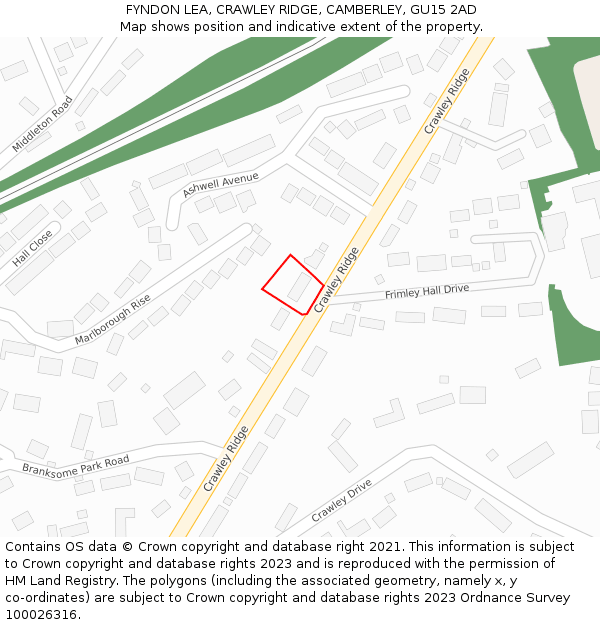 FYNDON LEA, CRAWLEY RIDGE, CAMBERLEY, GU15 2AD: Location map and indicative extent of plot