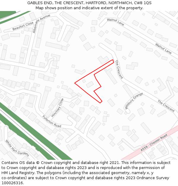 GABLES END, THE CRESCENT, HARTFORD, NORTHWICH, CW8 1QS: Location map and indicative extent of plot