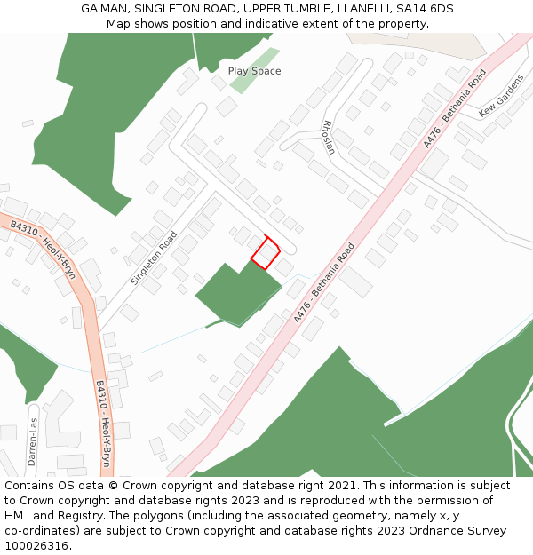 GAIMAN, SINGLETON ROAD, UPPER TUMBLE, LLANELLI, SA14 6DS: Location map and indicative extent of plot
