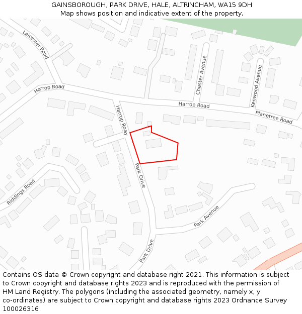 GAINSBOROUGH, PARK DRIVE, HALE, ALTRINCHAM, WA15 9DH: Location map and indicative extent of plot