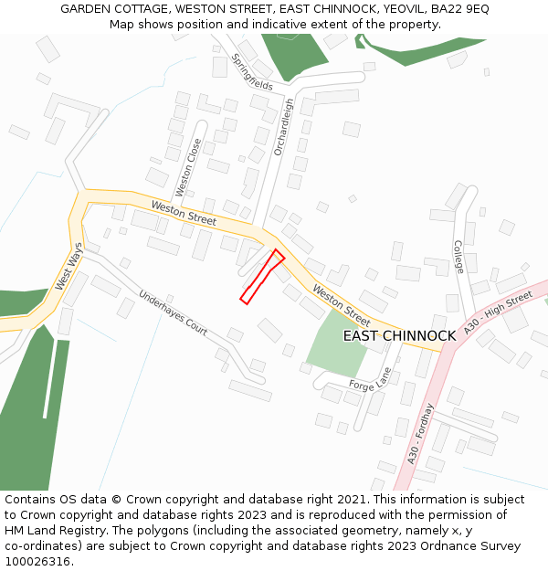 GARDEN COTTAGE, WESTON STREET, EAST CHINNOCK, YEOVIL, BA22 9EQ: Location map and indicative extent of plot