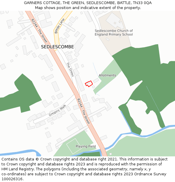 GARNERS COTTAGE, THE GREEN, SEDLESCOMBE, BATTLE, TN33 0QA: Location map and indicative extent of plot