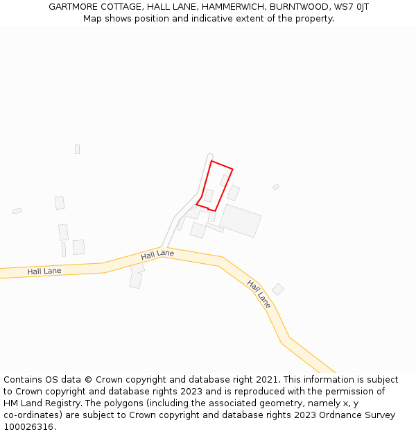 GARTMORE COTTAGE, HALL LANE, HAMMERWICH, BURNTWOOD, WS7 0JT: Location map and indicative extent of plot