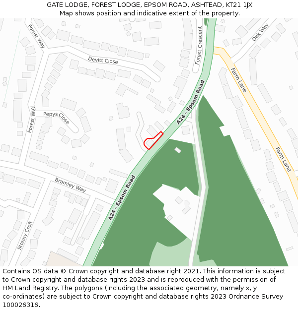 GATE LODGE, FOREST LODGE, EPSOM ROAD, ASHTEAD, KT21 1JX: Location map and indicative extent of plot