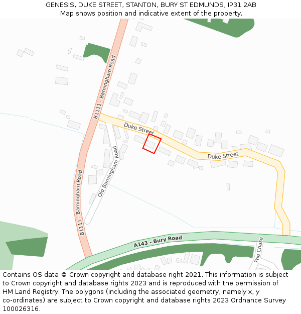 GENESIS, DUKE STREET, STANTON, BURY ST EDMUNDS, IP31 2AB: Location map and indicative extent of plot