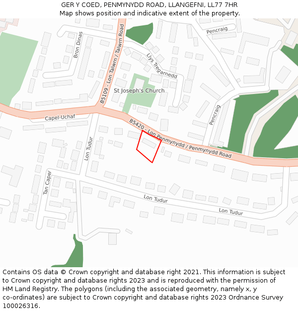 GER Y COED, PENMYNYDD ROAD, LLANGEFNI, LL77 7HR: Location map and indicative extent of plot