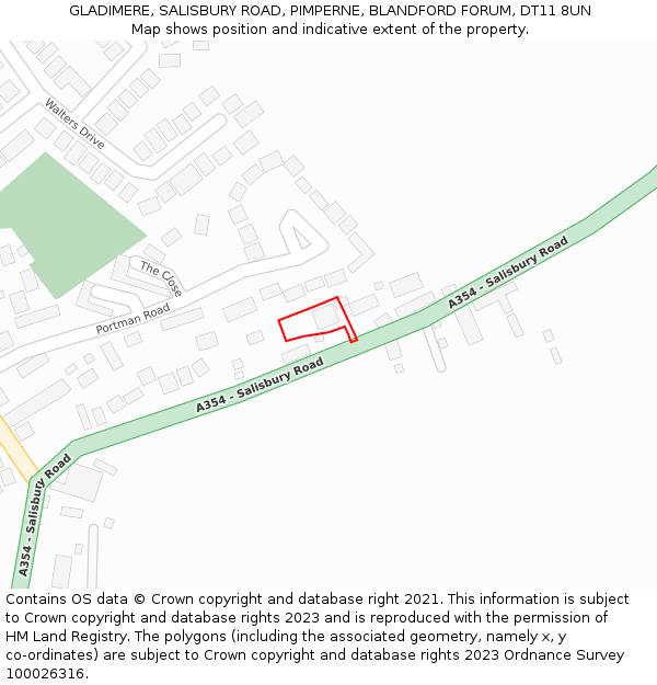 GLADIMERE, SALISBURY ROAD, PIMPERNE, BLANDFORD FORUM, DT11 8UN: Location map and indicative extent of plot