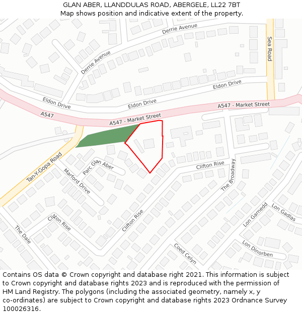GLAN ABER, LLANDDULAS ROAD, ABERGELE, LL22 7BT: Location map and indicative extent of plot
