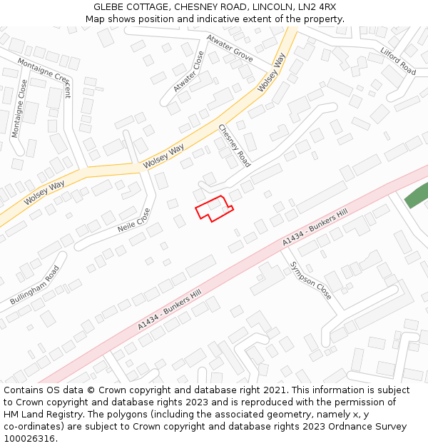 GLEBE COTTAGE, CHESNEY ROAD, LINCOLN, LN2 4RX: Location map and indicative extent of plot