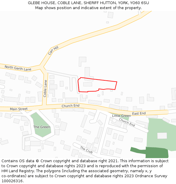 GLEBE HOUSE, COBLE LANE, SHERIFF HUTTON, YORK, YO60 6SU: Location map and indicative extent of plot
