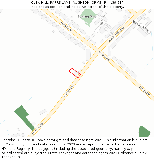 GLEN HILL, PARRS LANE, AUGHTON, ORMSKIRK, L39 5BP: Location map and indicative extent of plot