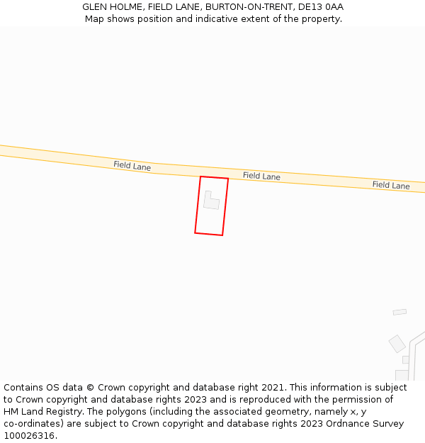 GLEN HOLME, FIELD LANE, BURTON-ON-TRENT, DE13 0AA: Location map and indicative extent of plot