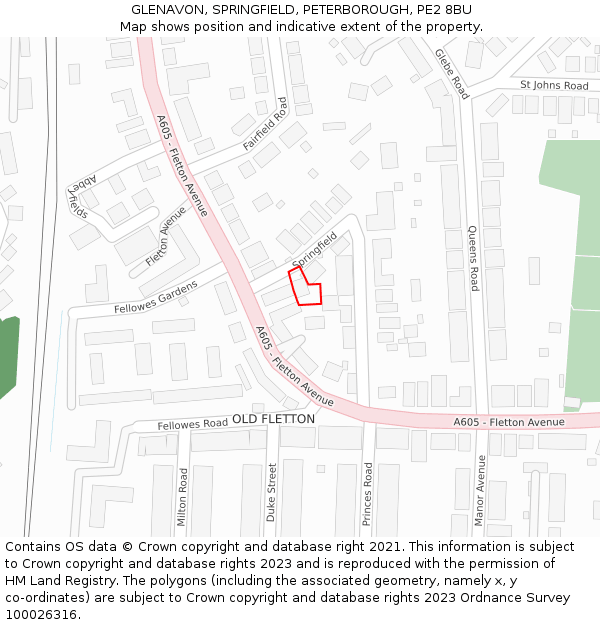 GLENAVON, SPRINGFIELD, PETERBOROUGH, PE2 8BU: Location map and indicative extent of plot