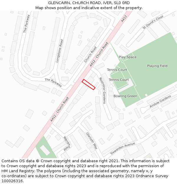 GLENCAIRN, CHURCH ROAD, IVER, SL0 0RD: Location map and indicative extent of plot