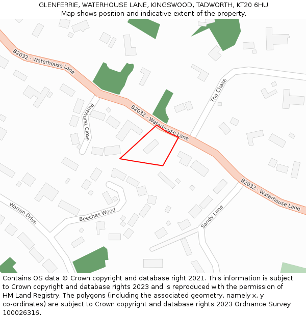 GLENFERRIE, WATERHOUSE LANE, KINGSWOOD, TADWORTH, KT20 6HU: Location map and indicative extent of plot
