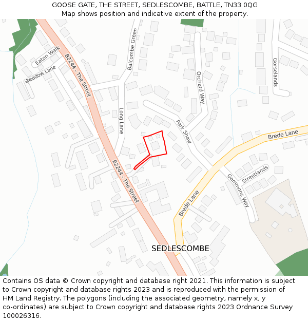 GOOSE GATE, THE STREET, SEDLESCOMBE, BATTLE, TN33 0QG: Location map and indicative extent of plot