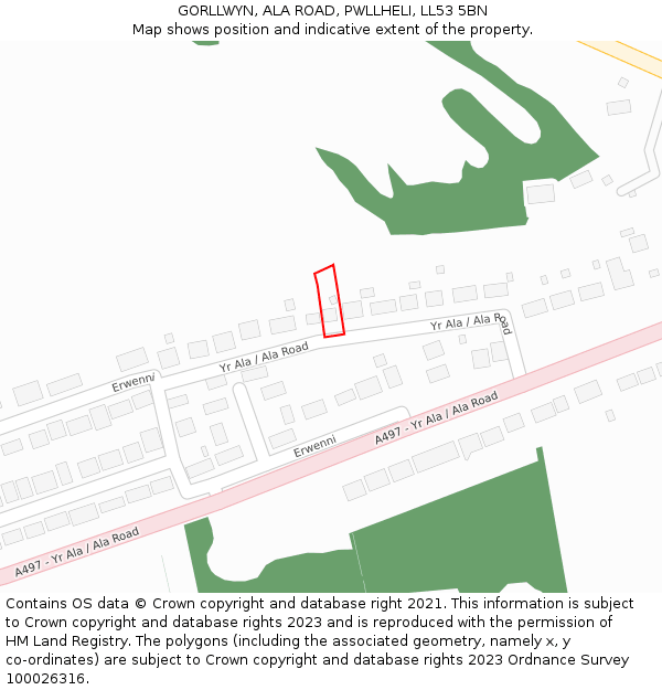 GORLLWYN, ALA ROAD, PWLLHELI, LL53 5BN: Location map and indicative extent of plot