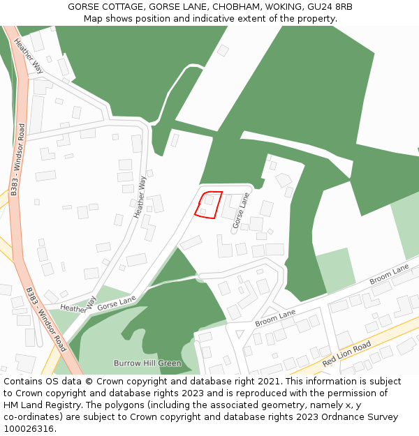 GORSE COTTAGE, GORSE LANE, CHOBHAM, WOKING, GU24 8RB: Location map and indicative extent of plot