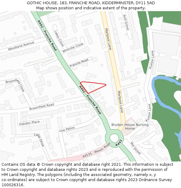 GOTHIC HOUSE, 183, FRANCHE ROAD, KIDDERMINSTER, DY11 5AD: Location map and indicative extent of plot