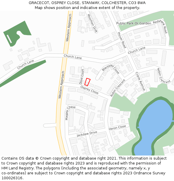 GRACECOT, OSPREY CLOSE, STANWAY, COLCHESTER, CO3 8WA: Location map and indicative extent of plot