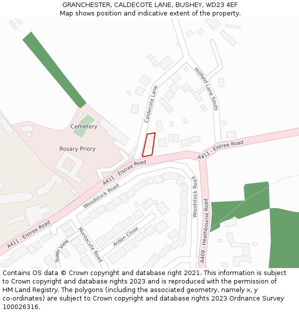 GRANCHESTER, CALDECOTE LANE, BUSHEY, WD23 4EF: Location map and indicative extent of plot